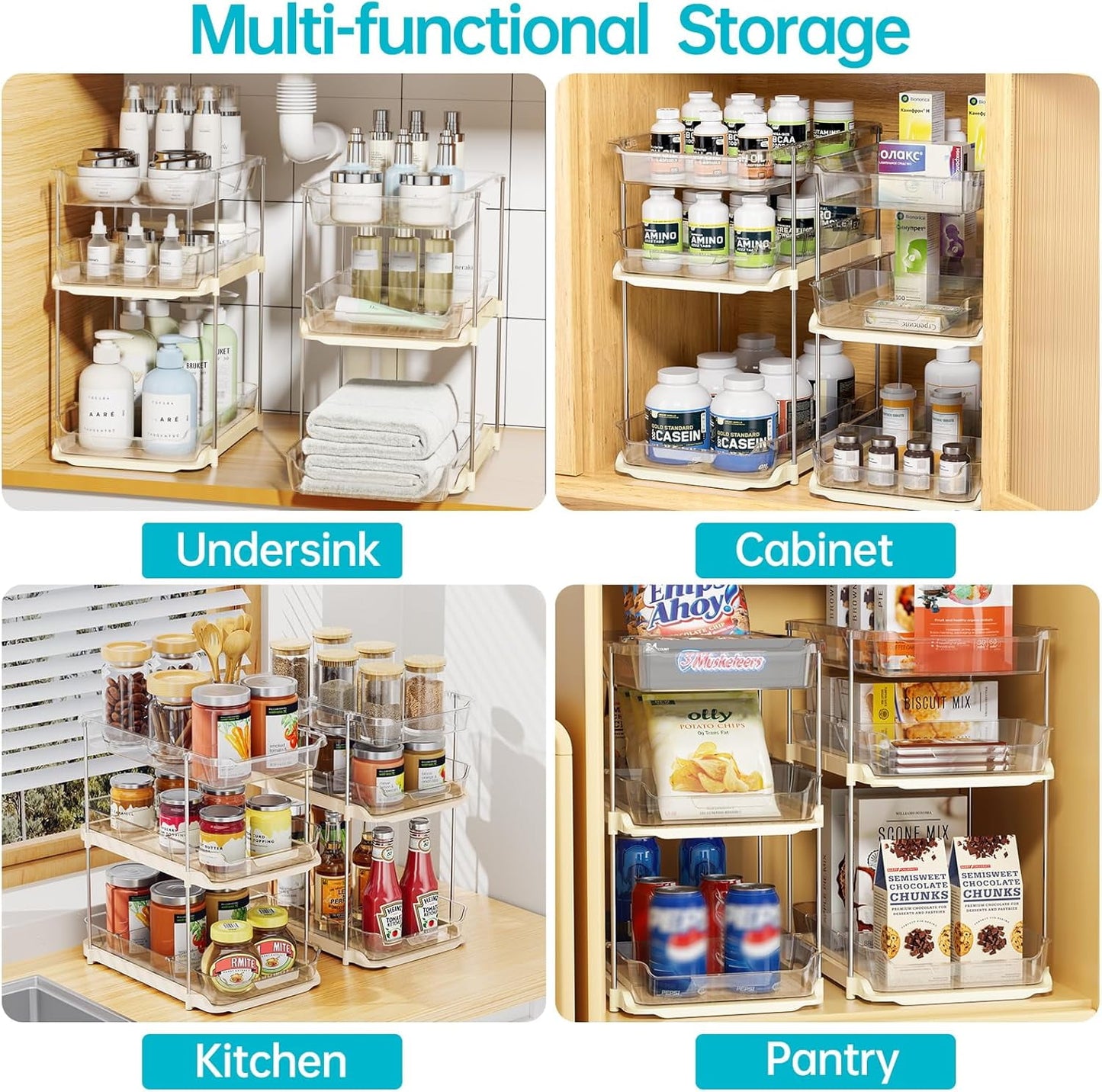 2-Pack 3-Tier Pull-Out Under Sink Organizer, Stackable Sliding Storage Shelves for Bathroom Kitchen Pantry (White)
