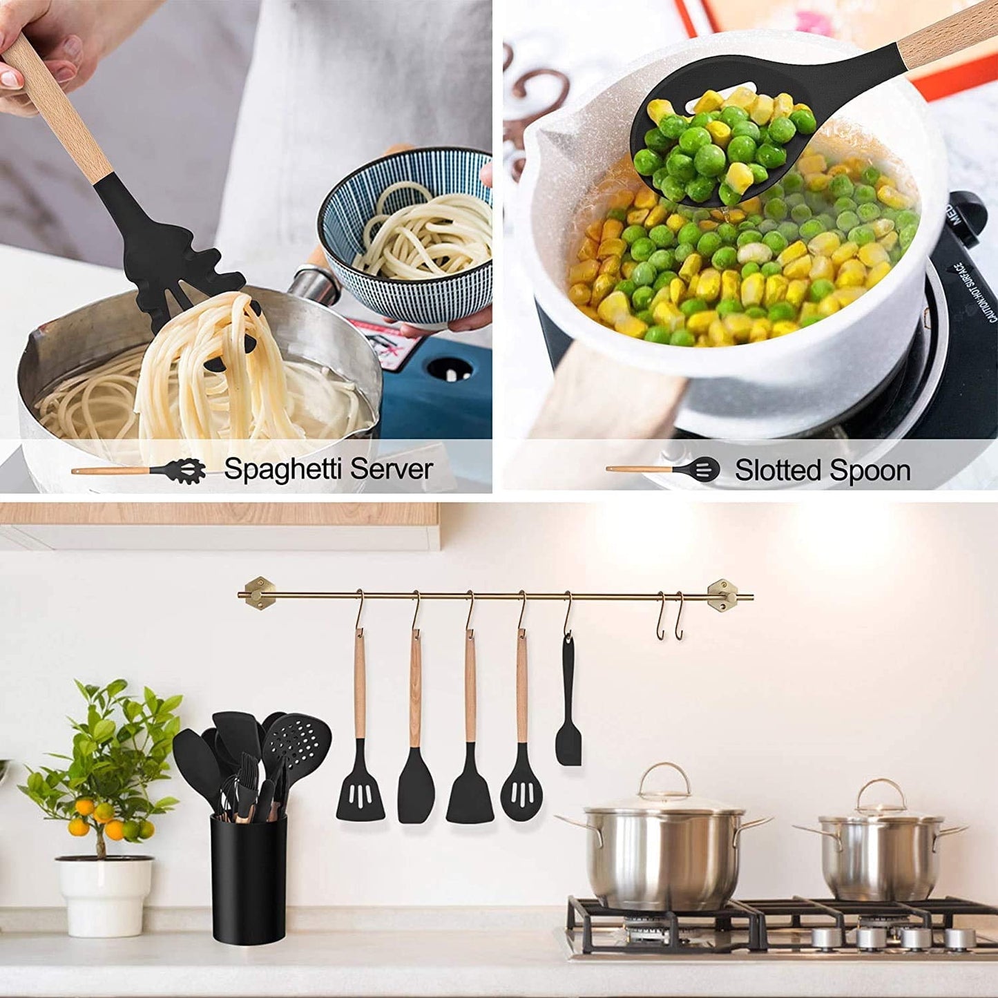 38 Pcs Silicone Cooking Utensils Kitchen Utensil Set - 446°F Heat Resistant,Turner Tongs,Spatula,Spoon,Brush,Whisk. Wooden Handles Kitchen Gadgets Tools Set for Non-Stick Cookware (BPA Free).