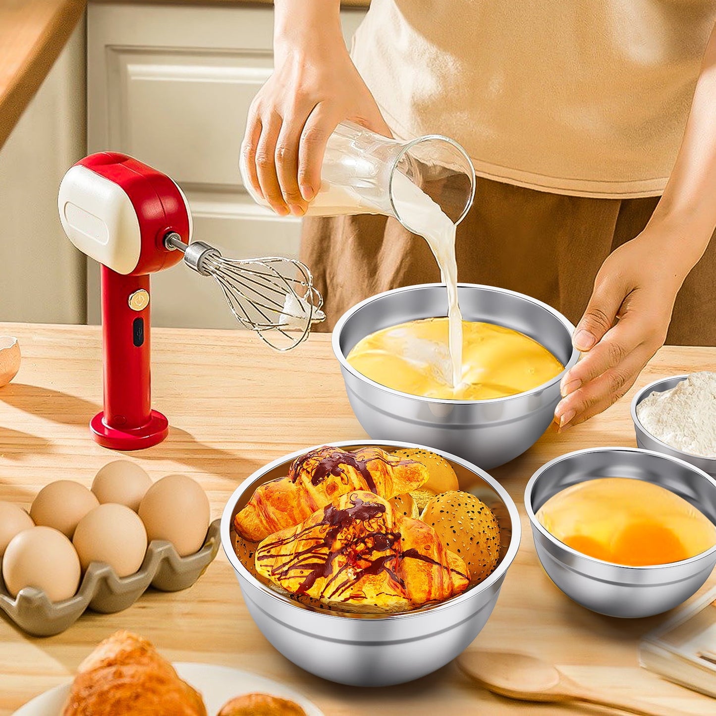 Mixing Bowls Set, 5 PCS Stainless Steel Mixing Bowls, Metal Nesting Storage Bowls for Kitchen, Size 4.5, 3, 2, 1.5, 0.75 QT, Great for Prep, Baking, Serving