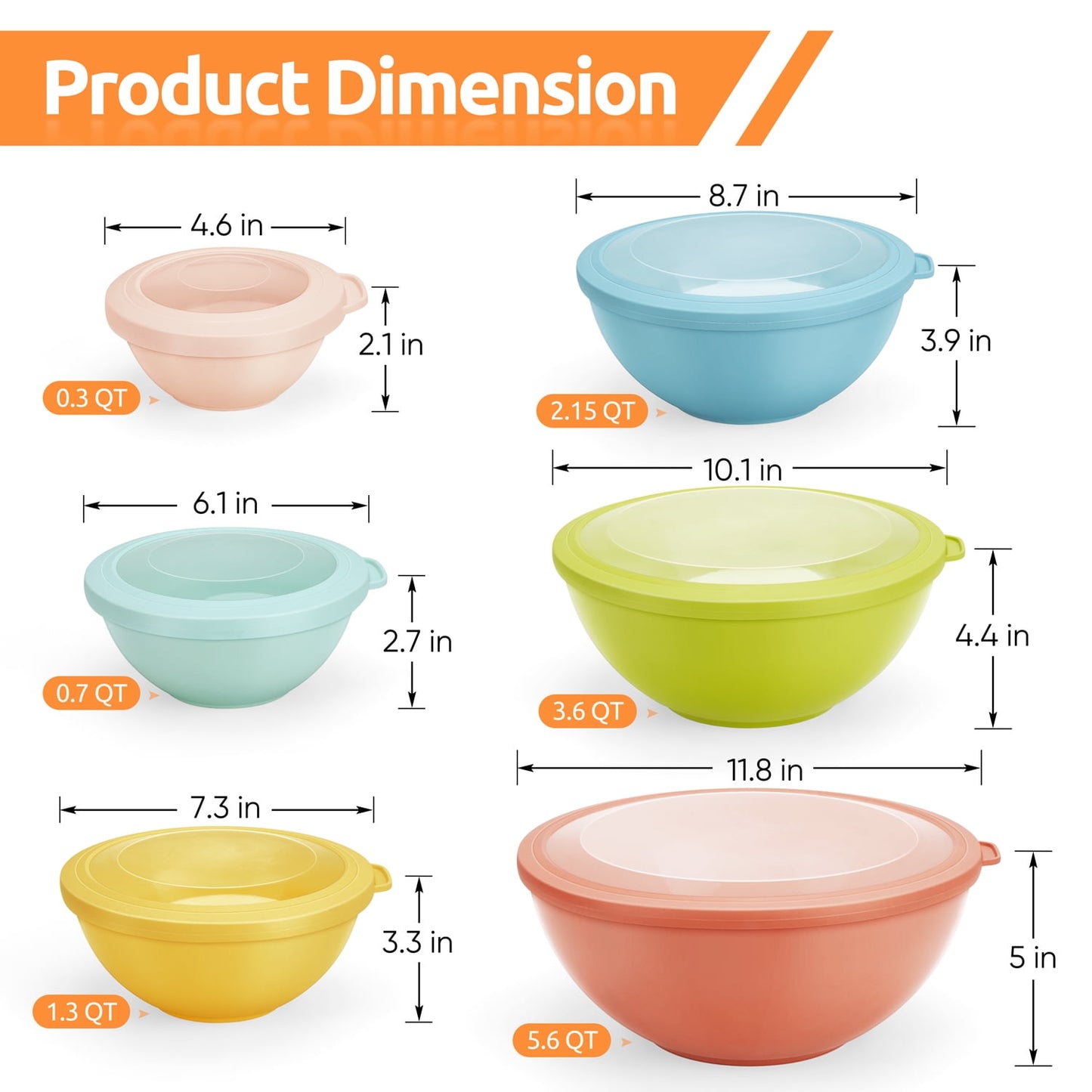 Mixing Bowls with Airtight Lids Set of 6, Plastic Nesting Bowls Prep Bowls for Mixing, Serving, Kitchen Preparing, Storage, Microwave &amp; Freezer Safe