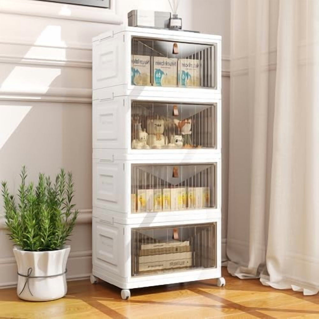 4 Tier Storage Bins with Lids, 23QT Stackable Closet Organizers and Storage with Wheels, Collapsible Storage Boxes, Plastic Storage Containers for Home,Office, Dorm Room-White