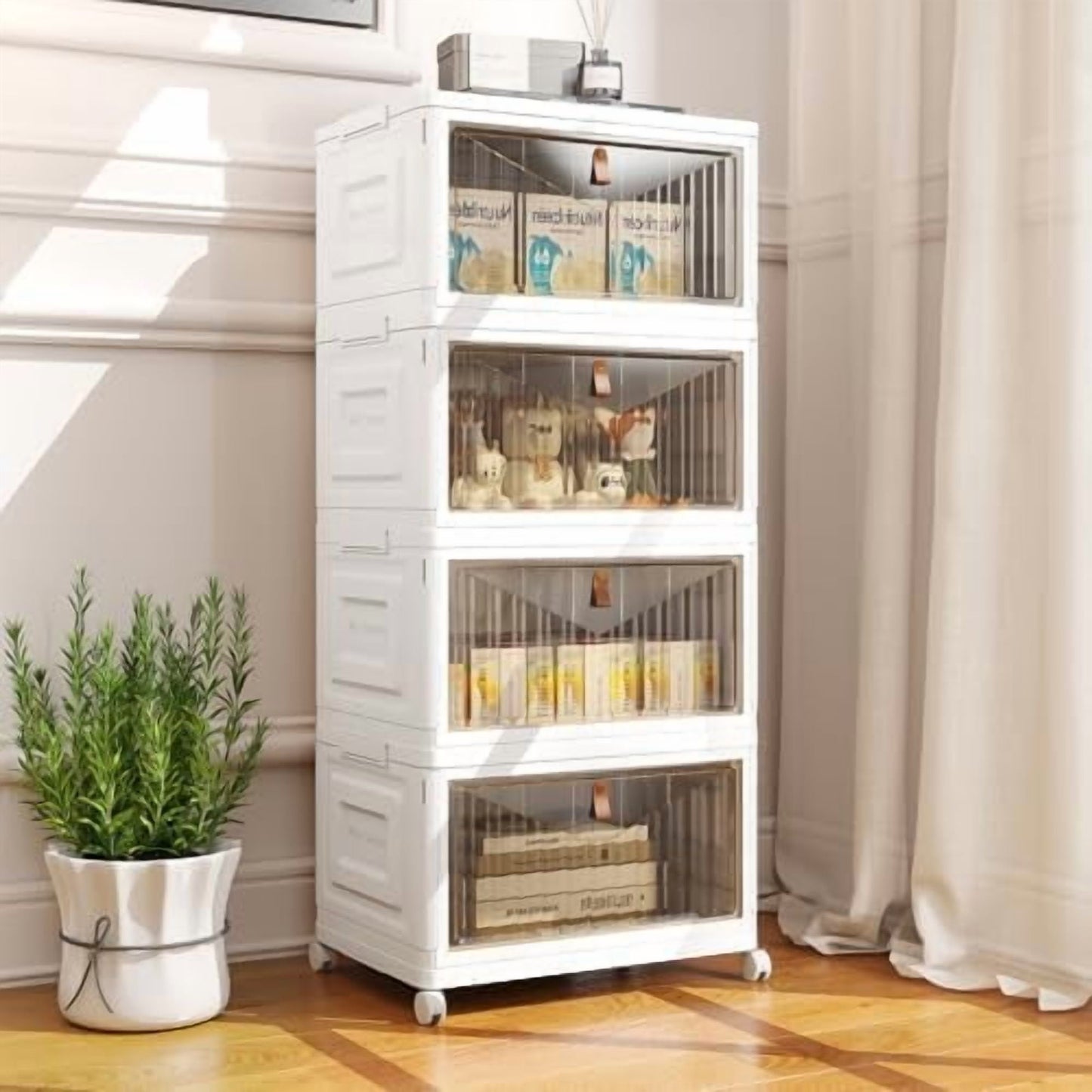 4 Tier Storage Bins with Lids, 23QT Stackable Closet Organizers and Storage with Wheels, Collapsible Storage Boxes, Plastic Storage Containers for Home,Office, Dorm Room-White