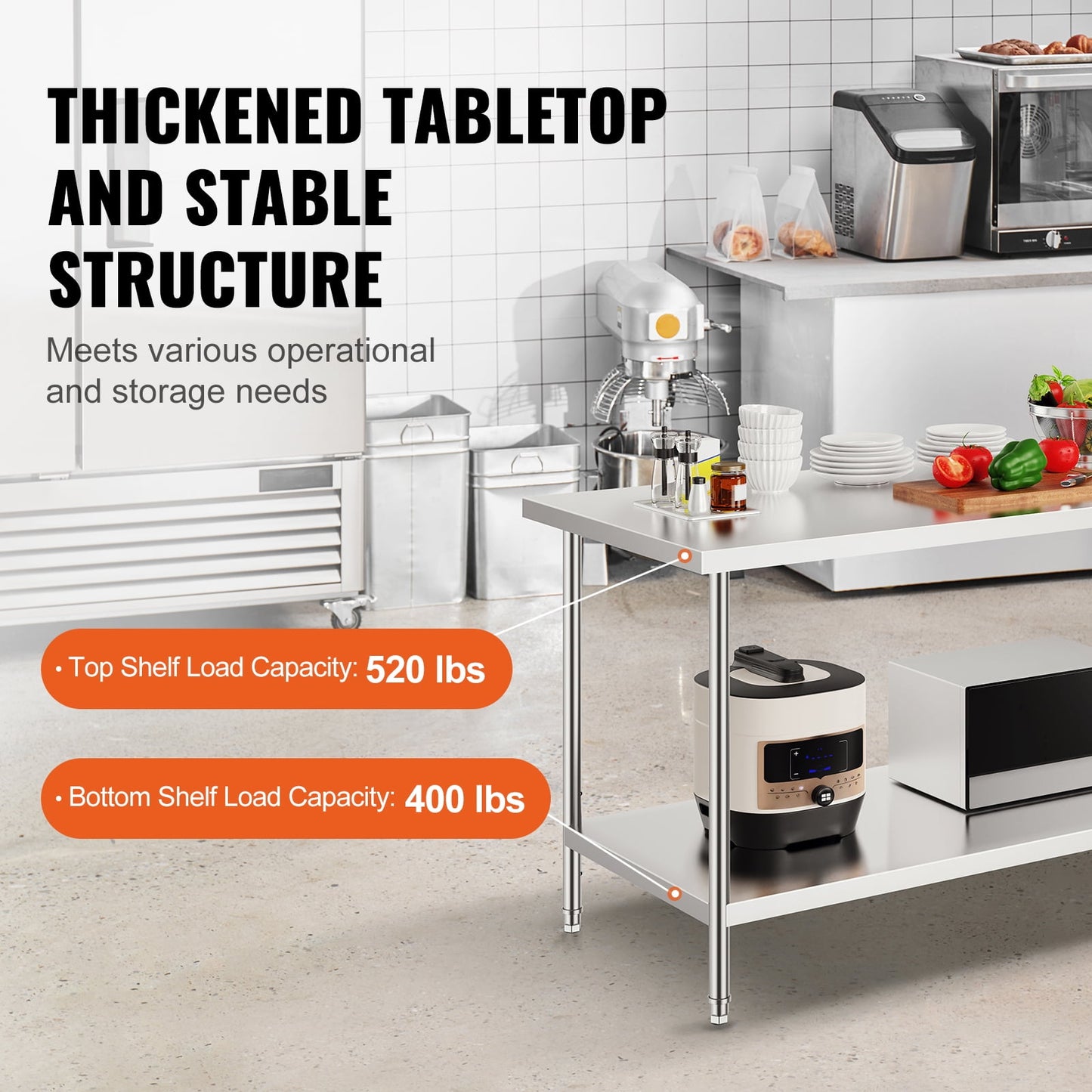 35 x 24 x 31 Inch Metal Prep Station, Heavy Duty Commercial Food Prep Work Table up to 700 lbs, Robust Stainless Steel Work Table with 3 Height Adjustment Options for Kitchen, Restaurant