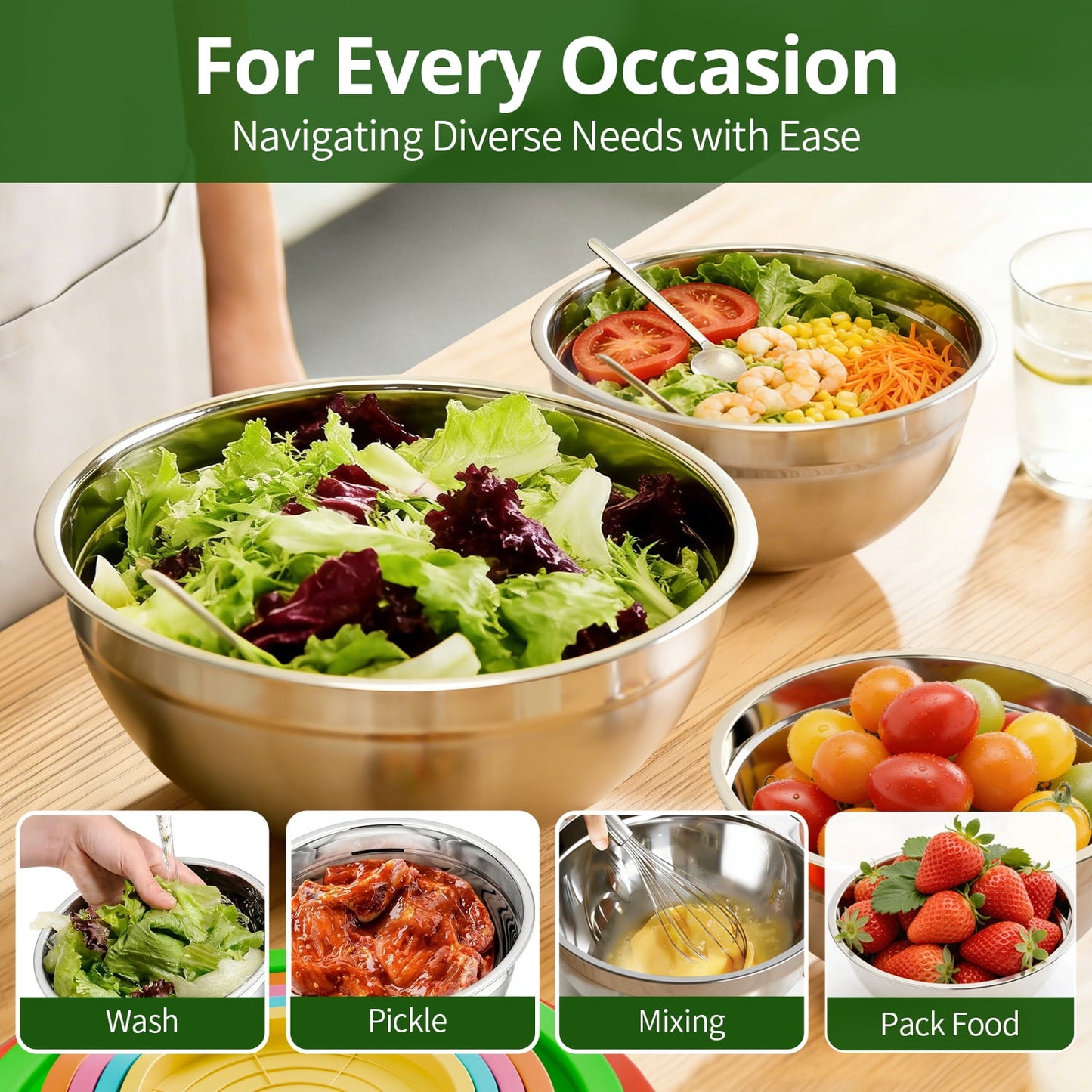 Mixing Bowls Set, 5 PCS Stainless Steel Mixing Bowls, Metal Nesting Storage Bowls for Kitchen, Size 4.5, 3, 2, 1.5, 0.75 QT, Great for Prep, Baking, Serving