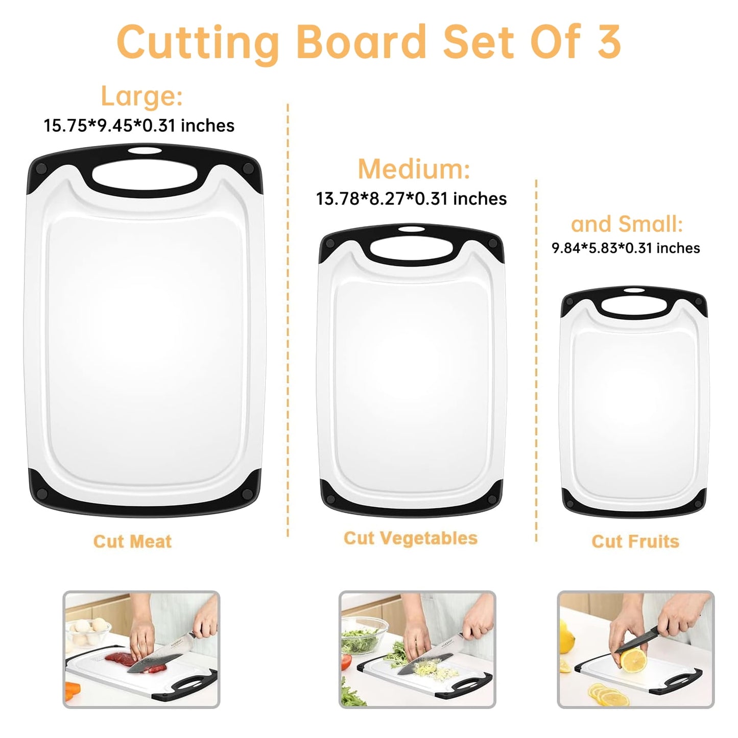 3-Piece Plastic Cutting Board Set, Cutting Boards for Kitchen with Non Slip Handles and Juice Groove, Ideal Chopping for Meat, Vegetables and Fruits, Pink, Blue, Green