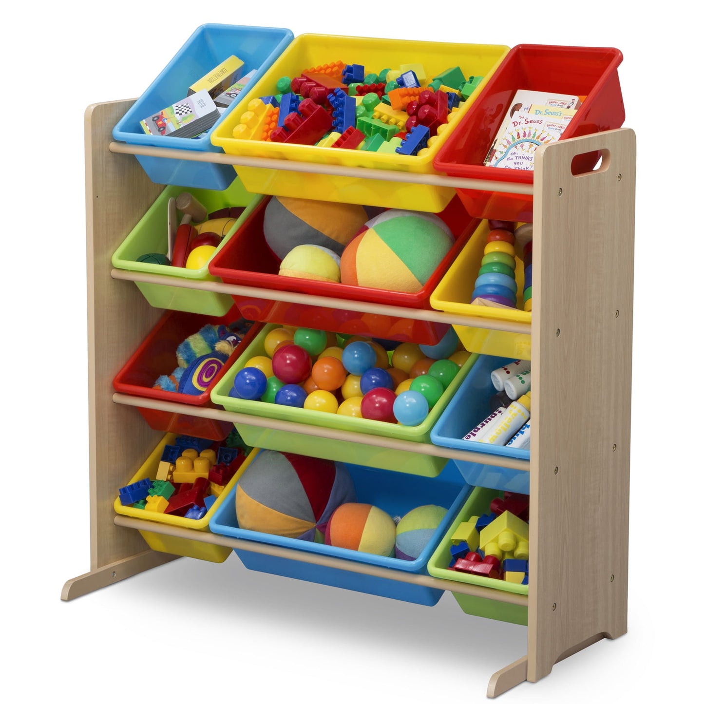 Kids Toy Storage Organizer with 12 Plastic Bins, Gold Certified, White/Pink
