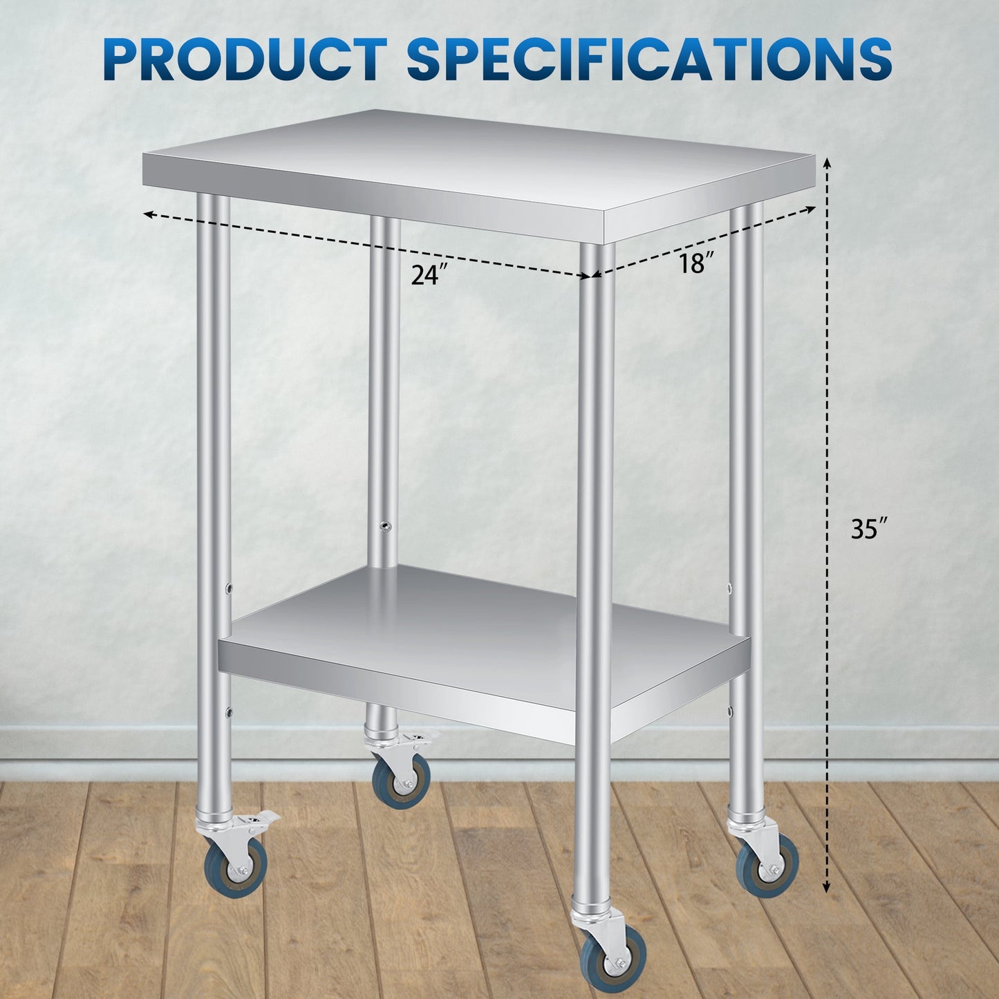 2 Tier Rolling Stainless Steel Table 24x24 Inch Small Prep Table with Adjustable Storage Shelf, 4 Wheels, Glooves &amp; Dishcloth, Rust Resistant &amp; Heavy Duty for Home