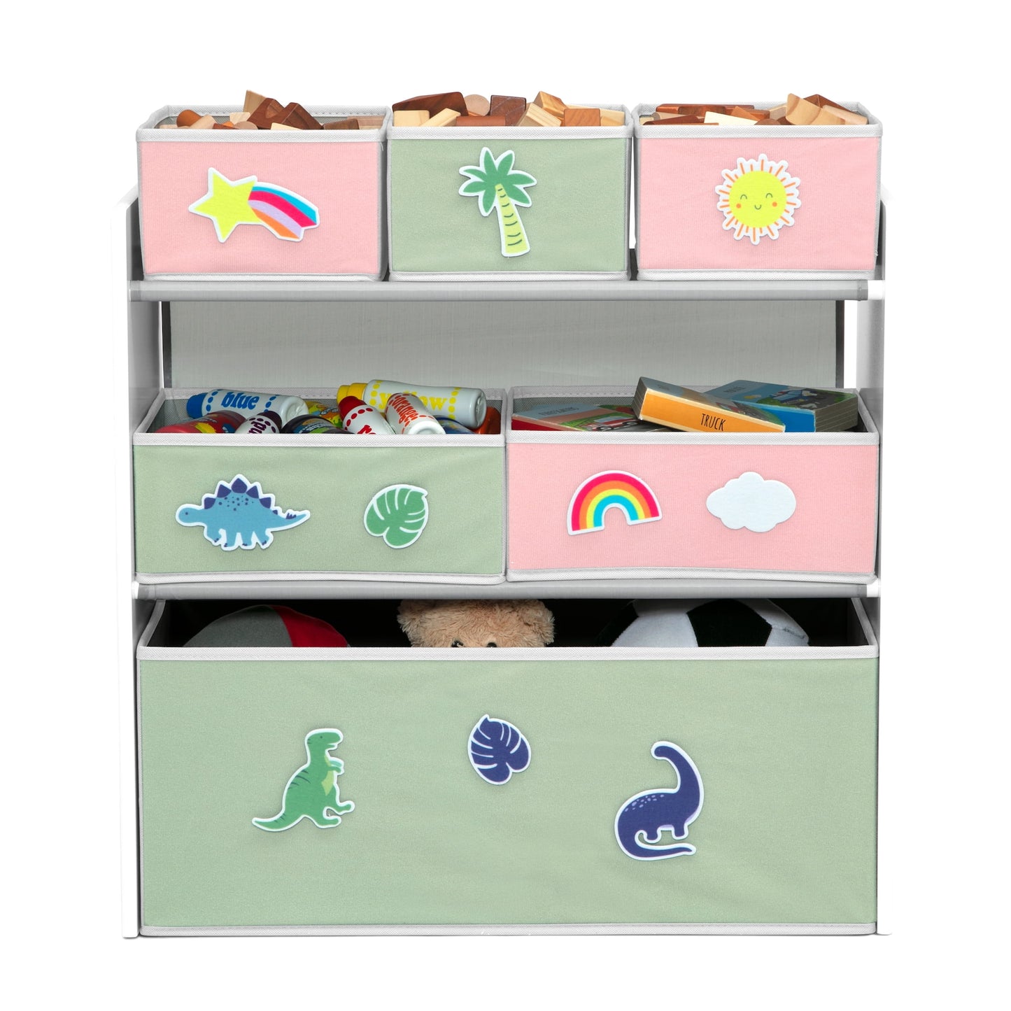 Design &amp; Store 6 Bin Toy Storage Organizer with Interchangeable Patches, Green/Pink